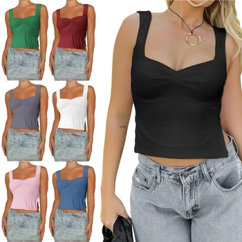 Ladies Sweetheart Neck Camisole Solid Color Cami Tops Women Skinny Tanks Top Sexy Pleated Bustier Sleeveless Crop Top