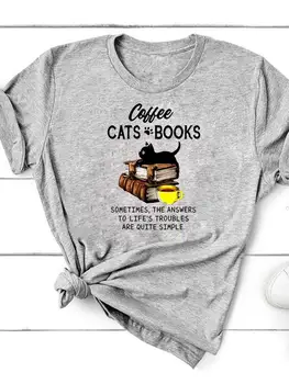 Kava Katės knygos Meilės tendencijos Mieli grafiniai marškinėliai Drabužiai Vasaros topų mada Trumpomis rankovėmis Moterų spauda Marškinėliai Tee Pagrindiniai drabužiai