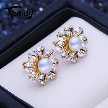 FENASY Natūralūs gėlavandenių perlų auskarai Vestuvių sužadėtuvės Bohemijos vakarėlis Aukso spalvos gėlių smeigtuko auskarai