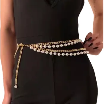 LuxHoney Fashion Sexy Sexy Gold Plated Multi-layer Curb Chain and Pearl Strand Body Chain for Women OL In Party Lobster Clasp