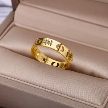 Saulės mėnulio žiedai moterims Vyrai Stainelss plienas Paauksuotas žiedas Vestuviniai poros žiedai Estetinės vintažinės papuošalų dovanos Anillos