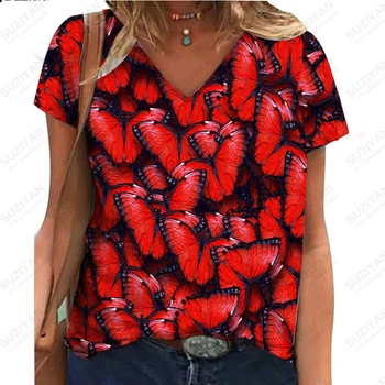 2023Women's Summer New Short Sleeve Spalvingi drugelio 3D skaitmeninės spaudos marškinėliai Karštai parduodami moteriški V-neckCasual Commuter Top