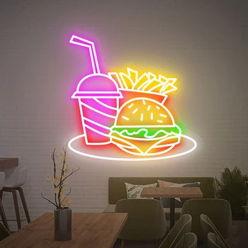Hamburger bulvytės Neoninis ženklas Cola Led ženklai Individualus restorano logotipas Virtuvės dekoras Neoninis greito maisto parduotuvė Sienų dekoravimas Naktinė šviesa