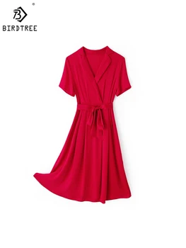 Birdtree 91.8%Mulberry Silk Luxury Elegant Dress 2023 Summer New Temperament Slim Dress Fashion Women's Wrap Dress D38424FD