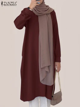 2023 ZANZEA Moterys O Kaklas Ilgomis rankovėmis Splitas Hem Palaidinė Laisvalaikis Kietos ilgos viršūnės Mada Musulmonų Eid Mubarek Ramadano marškiniai Blusas