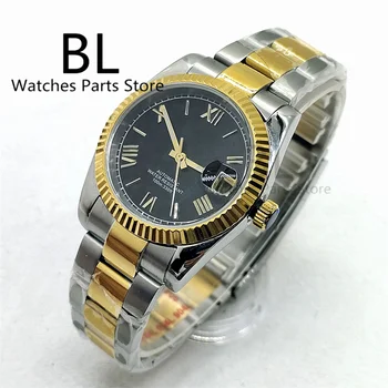 BLIGER 36mm/39mm Watch For Men NH35 Movement Fluted Bezel Sapphire Glass Two Tone Gold Roman Numbers Black Dial Date Oyster Band