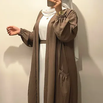 Muslim Open Abaya suknelė Moterys Kišeninis paprastas Ramadanas Eid Malda Hijabas Dubajus Turkija Islamas Kuklus Kimono Kardiganas Kaftano Apranga