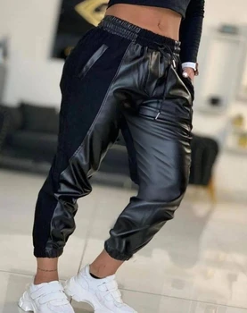 Moteriškų kelnių mados kontrastas Pu odinės sutraukiamos rankogalių kelnės 2023 Rudens laisvalaikio universalios moteriškos ilgos kelnės Gatvės drabužiai