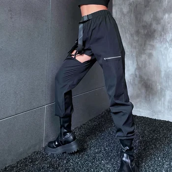 Harajuku Mall Gothic Grunge Estetinės tuščiavidurės kelnės aukštu juosmeniu Moteriškos krovininės kelnės Black Punk Loose Patchwork Streetwear 2024