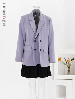 LANMREM Fashion Patchwork Design Blazer Solid Color Notched Collar Long Sleeves Double Breasted Coat 2024 Spring New 2AA2938