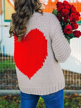 Moterų rudens žiemos megztukas Megztukas ilgomis rankovėmis Širdies atspaudas Atviras priekinis trikotažo megztinis