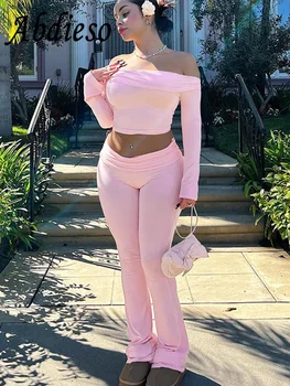 Abdieso Pink Sexy Y2K kelnės 2 dalių rinkiniai Moteriška apranga Casual 2023 Fall Winter ilgų rankovių viršus ir Flare kelnių derinimo rinkiniai