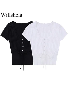 Willshela Women Fashion Solid Lace Up Singleed Cropped Cardigan Sweater Vintage Short Sleeve V-Neck Female Chic Lady Tops