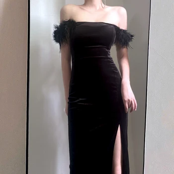 Vintažinė juodų plunksnų dirželių suknelė Vamzdelis Viršuje Seksuali suknelė Naujas vasaros apvalkalas Korėjietiška elegantiška plona šoninė padalinta Bodycon vakarėlio suknelė