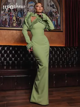 2024 Moteriškas tvarstis Ilga suknelė Stovintis kaklas Ilgos rankovės Medinės ausies krašto dizainas Bodycon žalios suknelės Kokteilių vakarėlis Vestidos