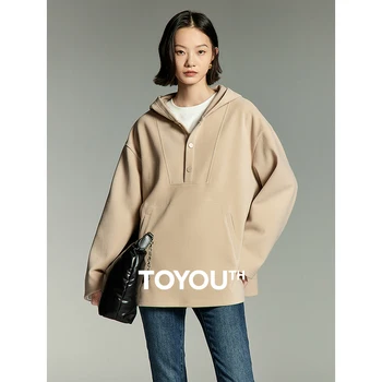 Toyouth Women Hoodies 2023 Winter Long Sleeve Oversized džemperis su gobtuvu Sagutė Iškirptė Casual Universalus abrikosų megztinis