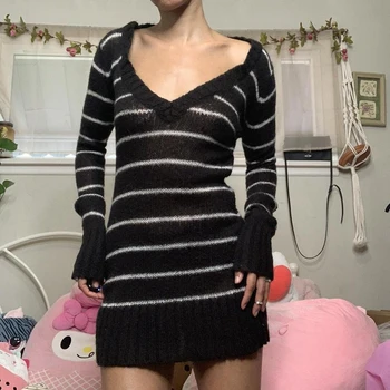 Vintažinė grunge dryžuota megztinio suknelė Rudeninė Seksuali V kaklo suknelė ilgomis rankovėmis Mini suknelės Y2K Retro estetika Gatvės apranga
