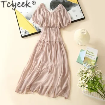 Tcyeek 2023 Vasara Nauja 100% Mulberry šilko suknelės Prancūziška elegantiška moteriška suknelė Fairycore moteriški drabužiai V-kaklas Tikra šilko suknelė
