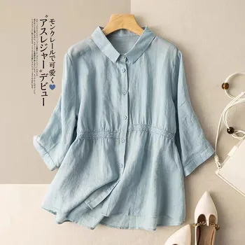 2023 Summer New Arts Style Women 3/4 Sleeve Turn-down Collar Casual Shirts Single Breasted Cotton Linen Loose Palaidinės Tops P152