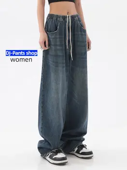 Spring Women Vintage Baggy Jeans Elastic Waist Oversized American Kelnės Denim Wide Leg Streetwear Tiesios pagrindinės kelnės Y2k