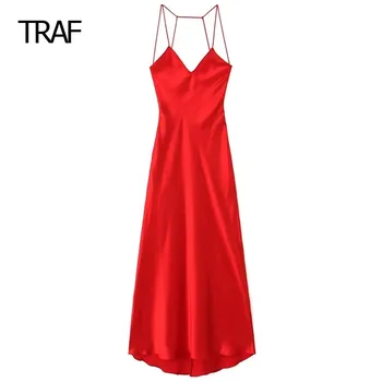 TRAF Satino slydimo suknelės Moteriškos suknelės Rudens žiema Raudona V formos kaklo midi suknelė be rankovių be nugaros Elegantiškos vakarėlio suknelės moterims