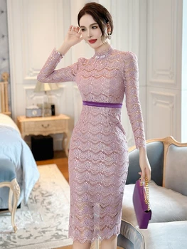 Naujos vintažinės violetinės nėrinių suknelės Moteriški drabužiai Ponios elegantiškos Pamatyti per seksualią ilgų rankovių apvyniojimą Hip Slim Fit Midi Vestido Fiesta