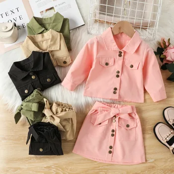 2vnt Madingi vaikiškų sijonų komplektai Girls Solid One Breasted Lapel Collar Jackets+High Waist A-Line Mini Dress Suit Spring Outfit