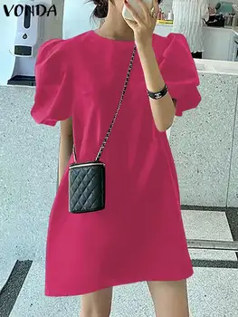 VONDA vasarinė elegantiška suknelė moterims trumpomis pūstomis rankovėmis Seksualus mini sundress 2023 Fashion Casual Solid Color Party Laisvas chalatas Vestidos