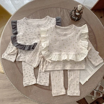 Nauji vaikai Mergaitės ilgomis rankovėmis Saldaus spausdinimo marškinėliai + Kelnės Drabužių komplektai Kūdikių mergaičių pižamos Vaikiškų drabužių kostiumas