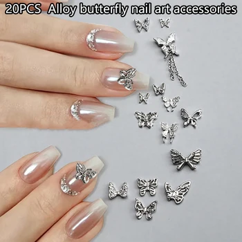 20Pcs Mini Hollow Butterfly Nagų dailės žavesys 3D metalas Sidabras/Auksas Deimantinis drugelis Nagų dailės dekoravimas 