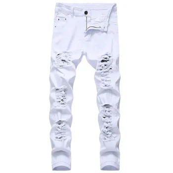 Vyriški balti džinsai Mada Hip Hop Plėšytos liesos vyriškos džinsinės kelnės Slim Fit Stretch Distressed Zip Vyriškos džinsinės kelnės Aukštos kokybės