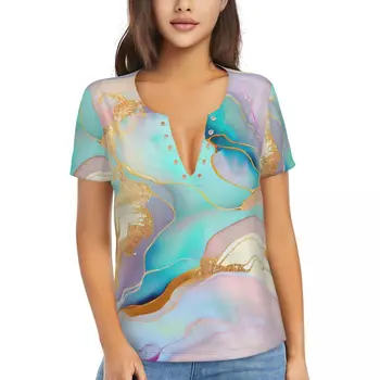 Marmuriniai marškinėliai Abstraktūs blizgučiai Art Deep V Neck Street Dėvėti oversized marškinėlius trumpomis rankovėmis Moterys Harajuku marškinėliai Vasara