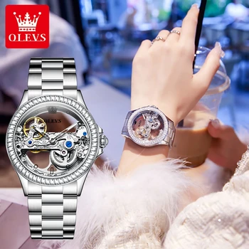 OLEVS automatinis laikrodis moterims visiškai tuščiaviduris moteriškas vandeniui atsparūs laikrodžiai Prabangus deimantinis ratas Moteriškas mechaninis rankinis laikrodis Naujas