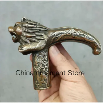 kinų senosios bronzinės rankomis raižytos liūto statulos Antikvarinės cukranendrių lazdos galva