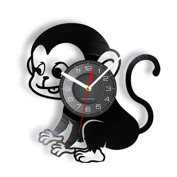 Lovely Monkey Vinyl albumas Perdarytas įrašų laikrodis Laukinis gyvūnas Išmanusis beždžionių sieninis laikrodis su LED apšvietimu Retro darželio dekoras