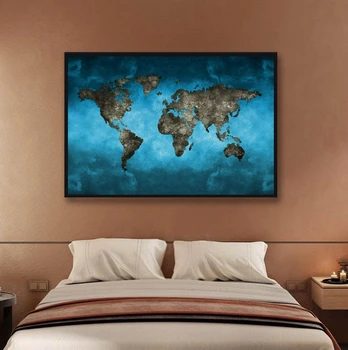 Pasaulio žemės žemėlapis Mėlynos drobės plakatas Pagrindinis sienų tapybos meno dekoravimas (be rėmo)