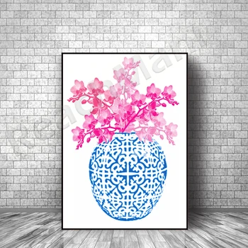 Mėlynas ir baltas imbierinio stiklainio meno atspaudas, prašmatnus kinų stilius, mėlyna ir balta kinų stiliaus vaza, rožinių gėlių meno plakatas