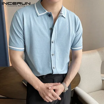 INCERUN Tops 2023 Korėjietiško stiliaus nauji vyrų mados sandūros linijos marškiniai Daili vyriška megzta elastinė palaidinė trumpomis rankovėmis S-5XL