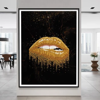 Šiuolaikinės moters lūpų drobės paveikslai Abstrakčios auksinės mergaitės lūpos Portretinis plakatas Atspaudai Sienų menas Svetainės namų dekoravimas